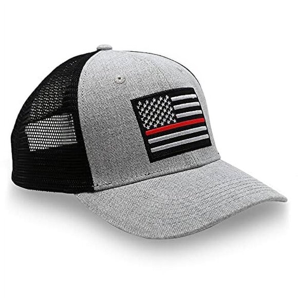 Gray Thin Red Line American Flag Trucker Hat – Mesh Back - Picture 1 of 4